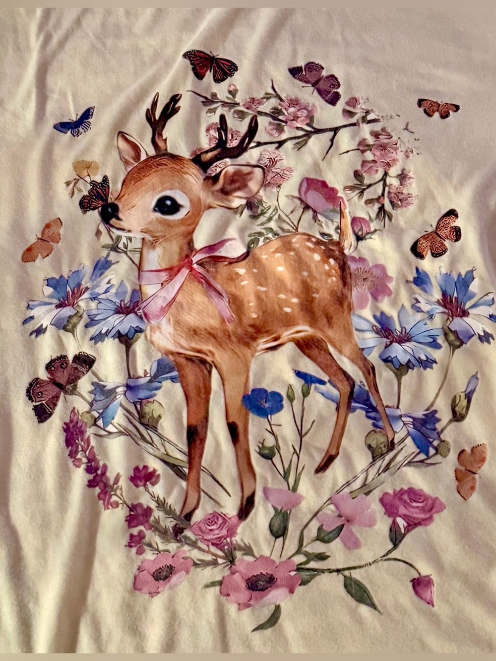 Whimsical Doe & Floral Print Tee in Cream and Pastels